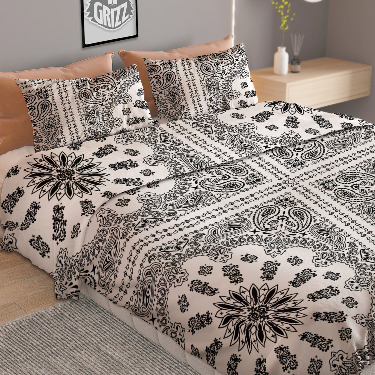 Bandana White And Black Paisley Print Pattern Duvet Cover Bedding Set