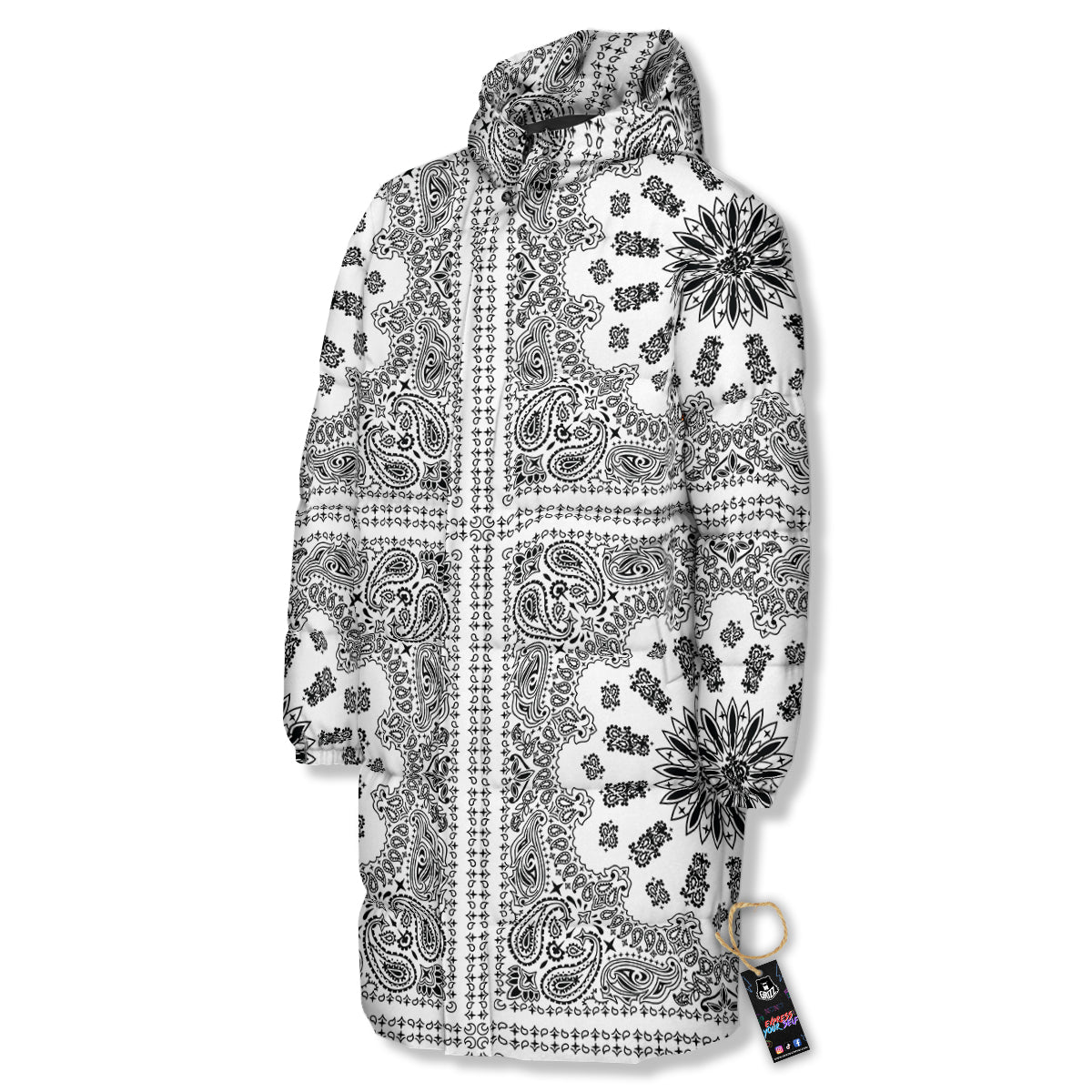 Bandana White And Black Paisley Print Pattern Long Down Jacket-grizzshop
