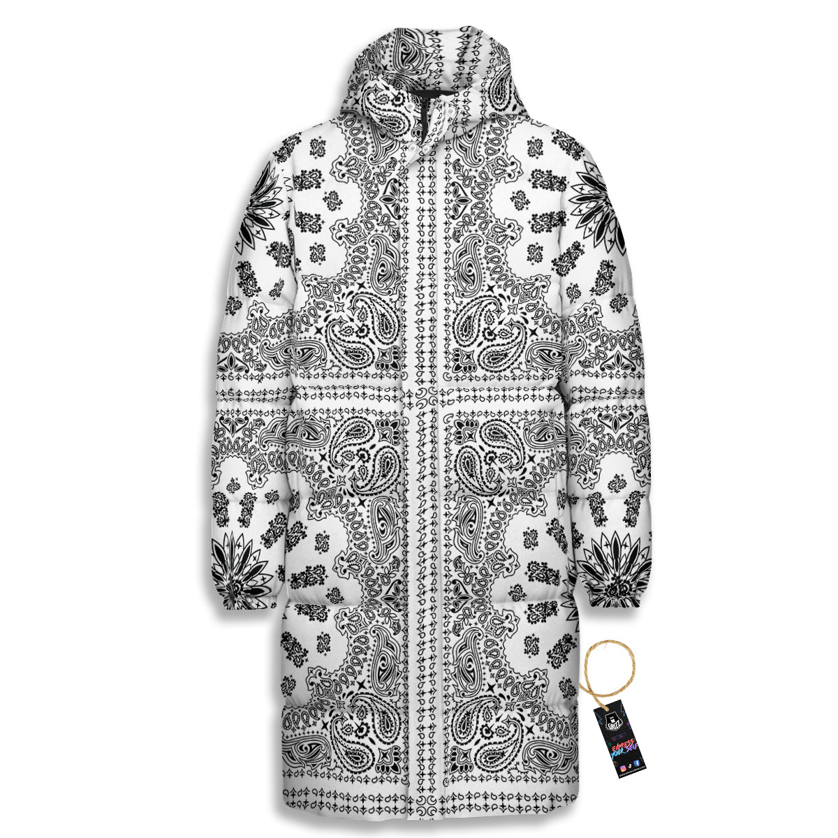 Bandana White And Black Paisley Print Pattern Long Down Jacket-grizzshop