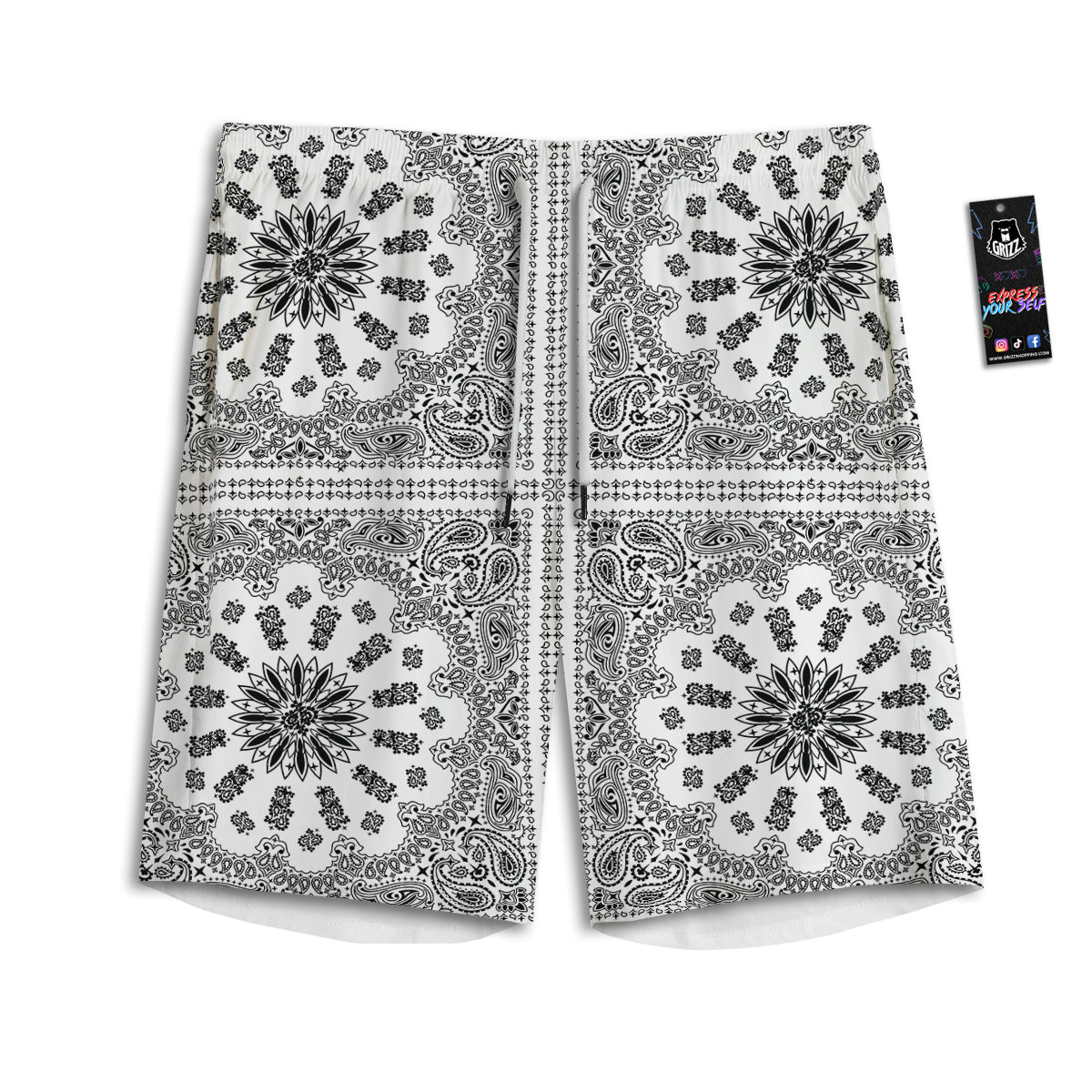 Bandana White And Black Paisley Print Pattern Men's Athletic Shorts