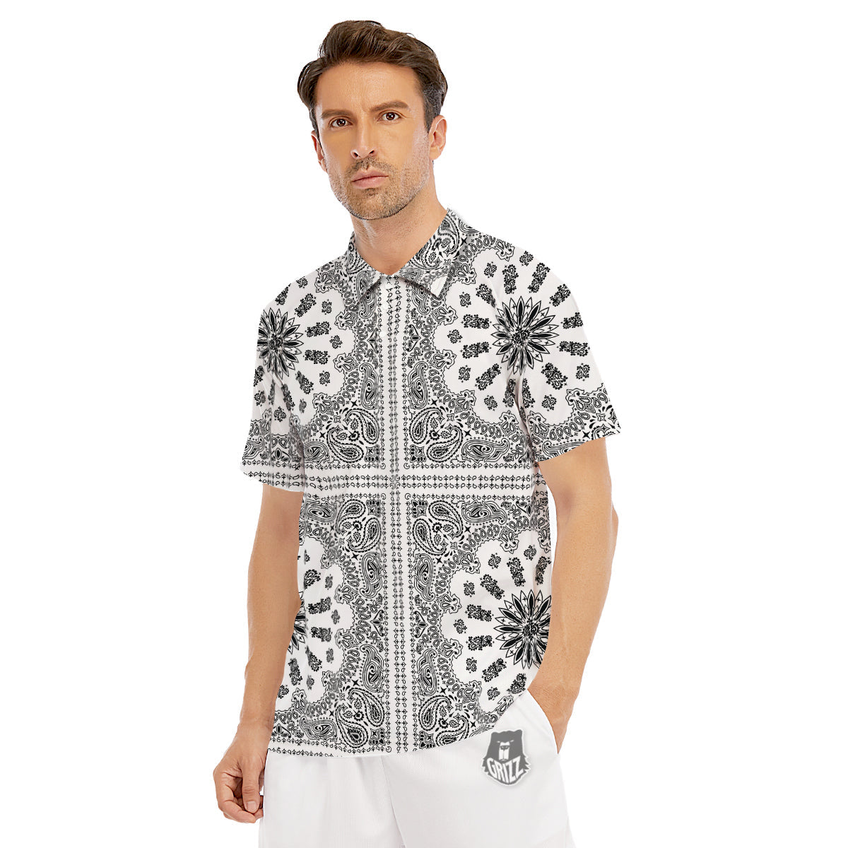 Bandana White And Black Paisley Print Pattern Men's Golf Shirts-grizzshop
