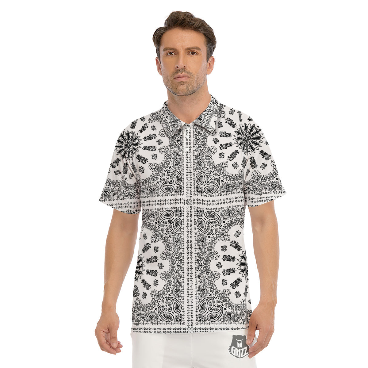 Bandana White And Black Paisley Print Pattern Men's Golf Shirts-grizzshop