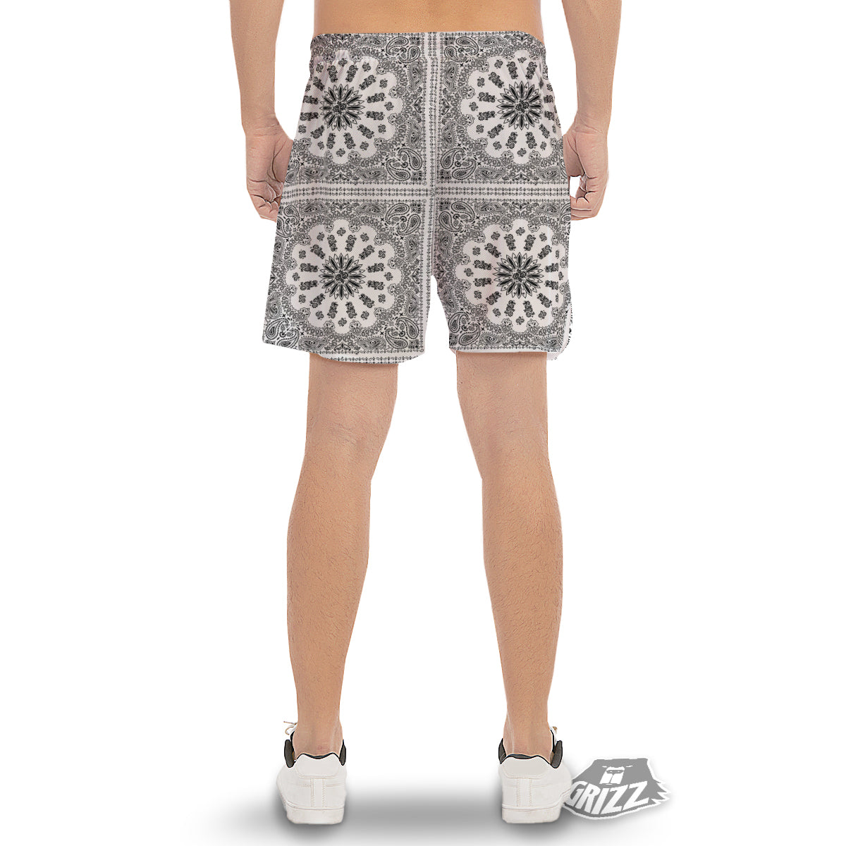 Bandana White And Black Paisley Print Pattern Men's Gym Shorts-grizzshop