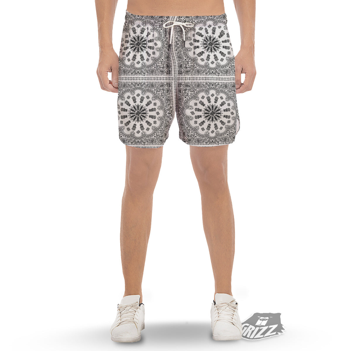 Bandana White And Black Paisley Print Pattern Men's Gym Shorts-grizzshop