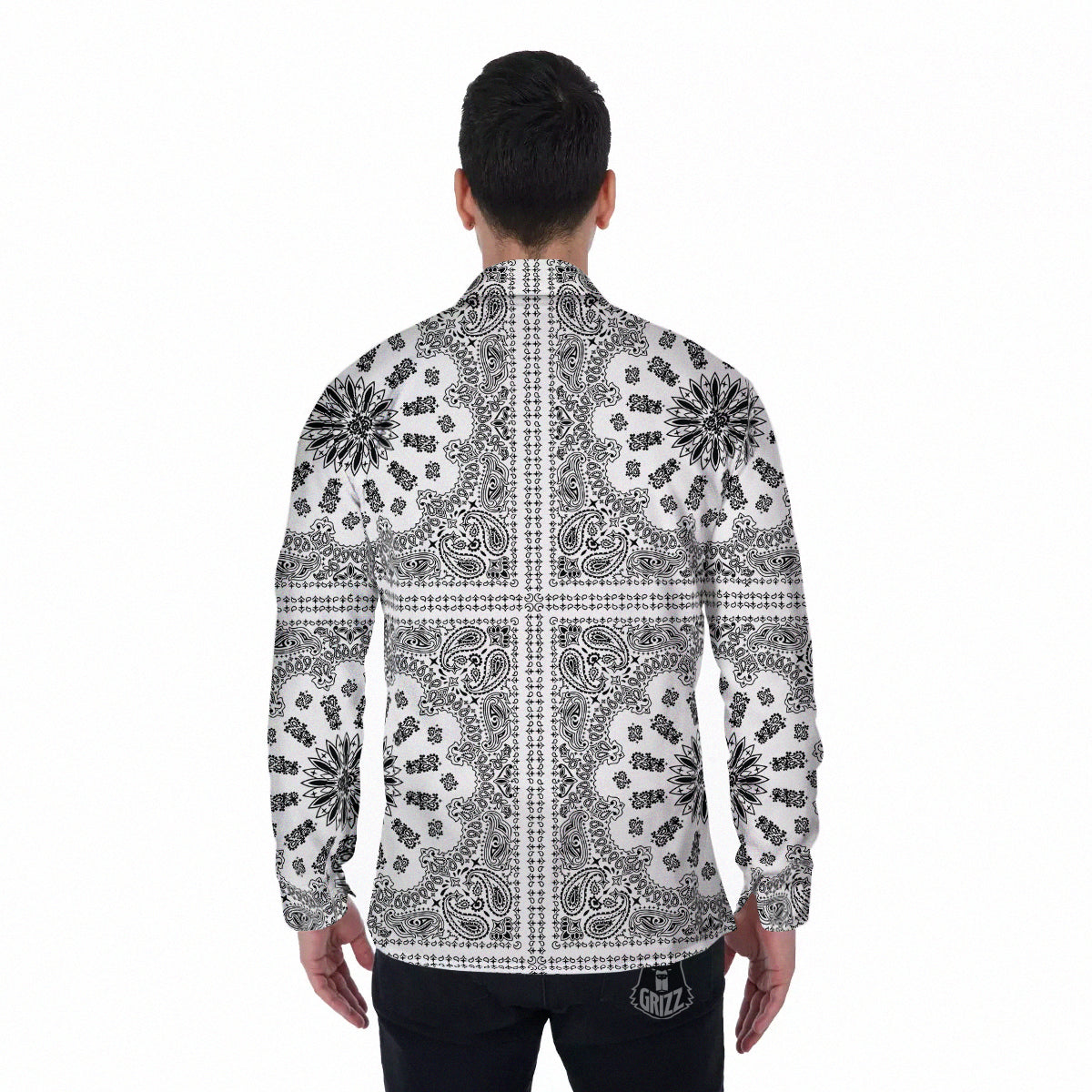 Bandana White And Black Paisley Print Pattern Men's Long Sleeve Shirts-grizzshop