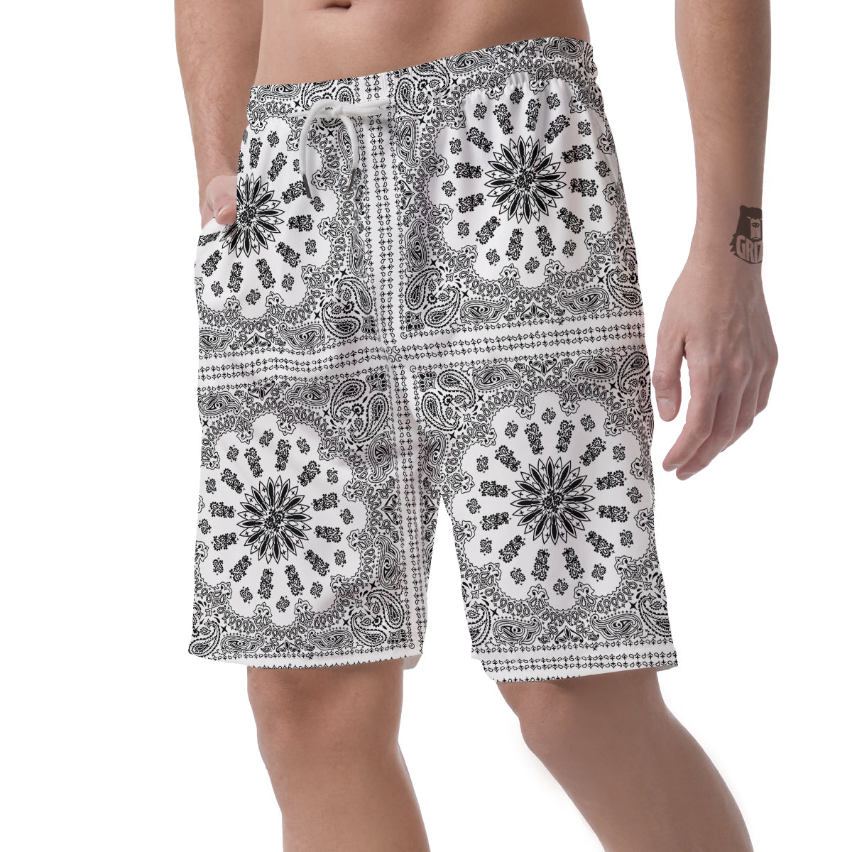 Bandana White And Black Paisley Print Pattern Men's Shorts-grizzshop