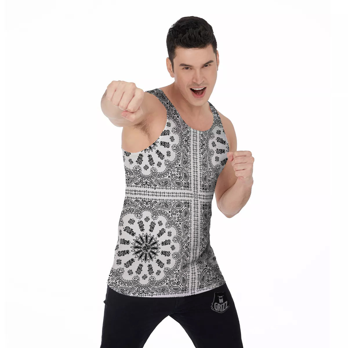 Bandana White And Black Paisley Print Pattern Men's Tank Top-grizzshop