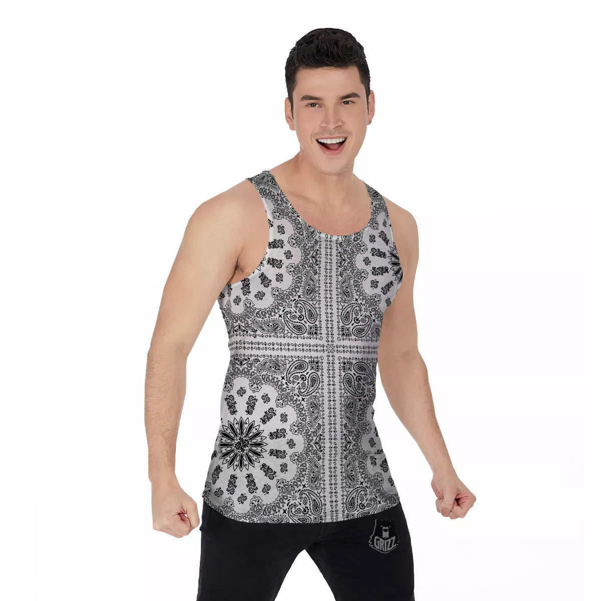 Bandana White And Black Paisley Print Pattern Men's Tank Top-grizzshop