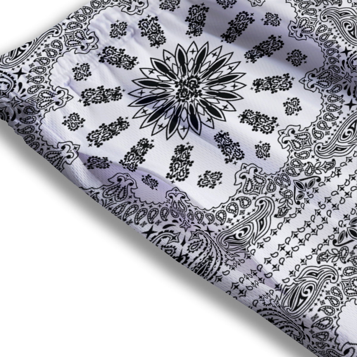 Bandana White And Black Paisley Print Pattern Mesh Shorts