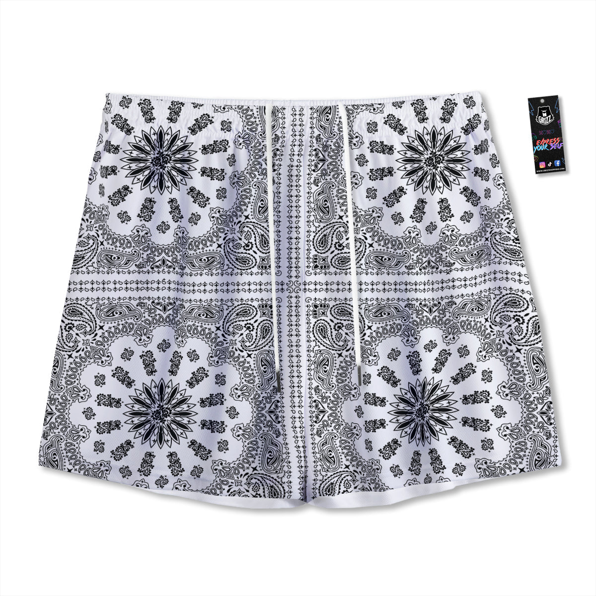 Bandana White And Black Paisley Print Pattern Mesh Shorts
