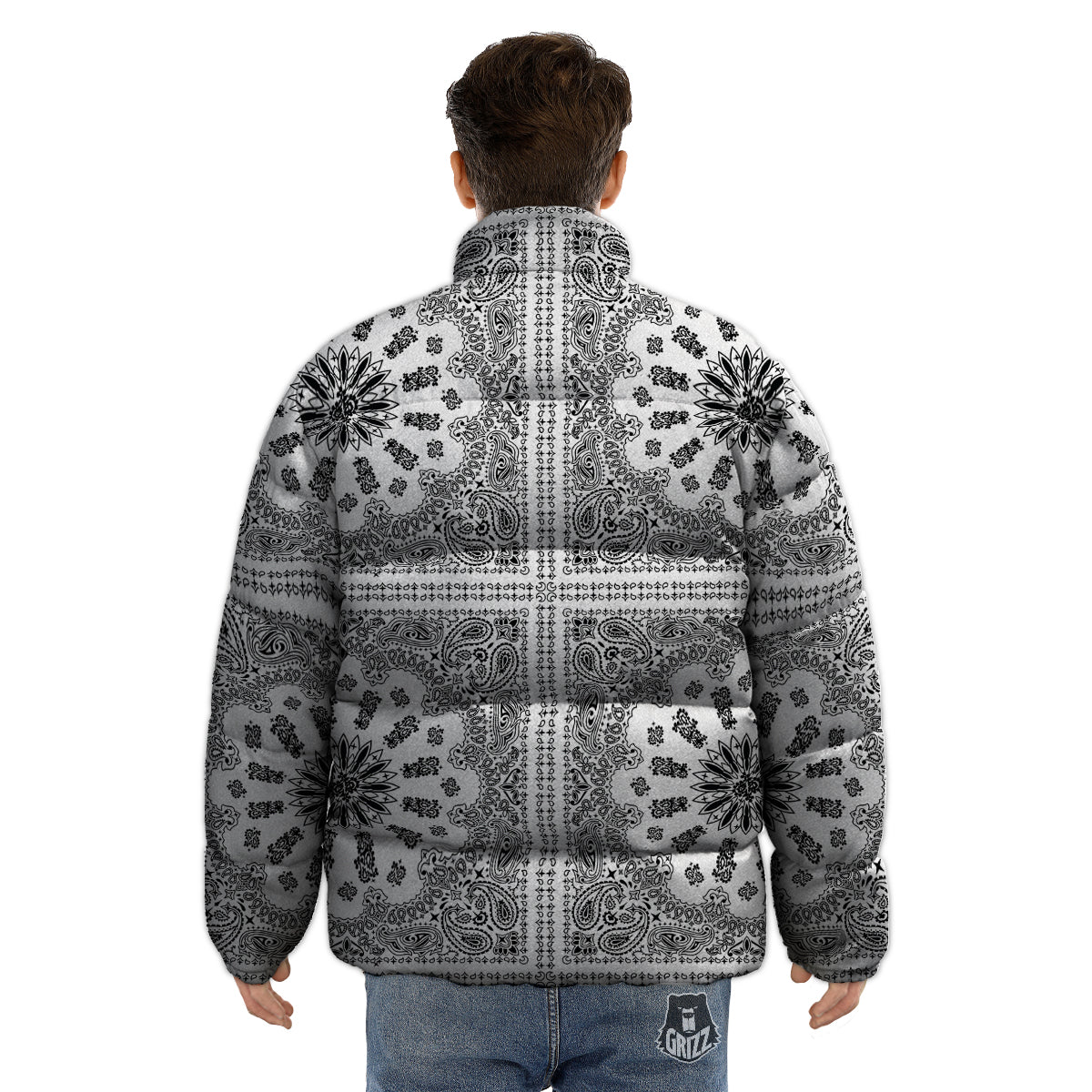 Bandana White And Black Paisley Print Pattern Puffer Jacket-grizzshop