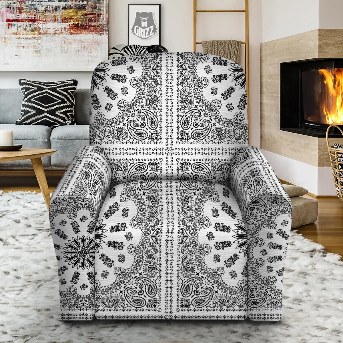 Bandana White And Black Paisley Print Pattern Recliner Slipcover-grizzshop