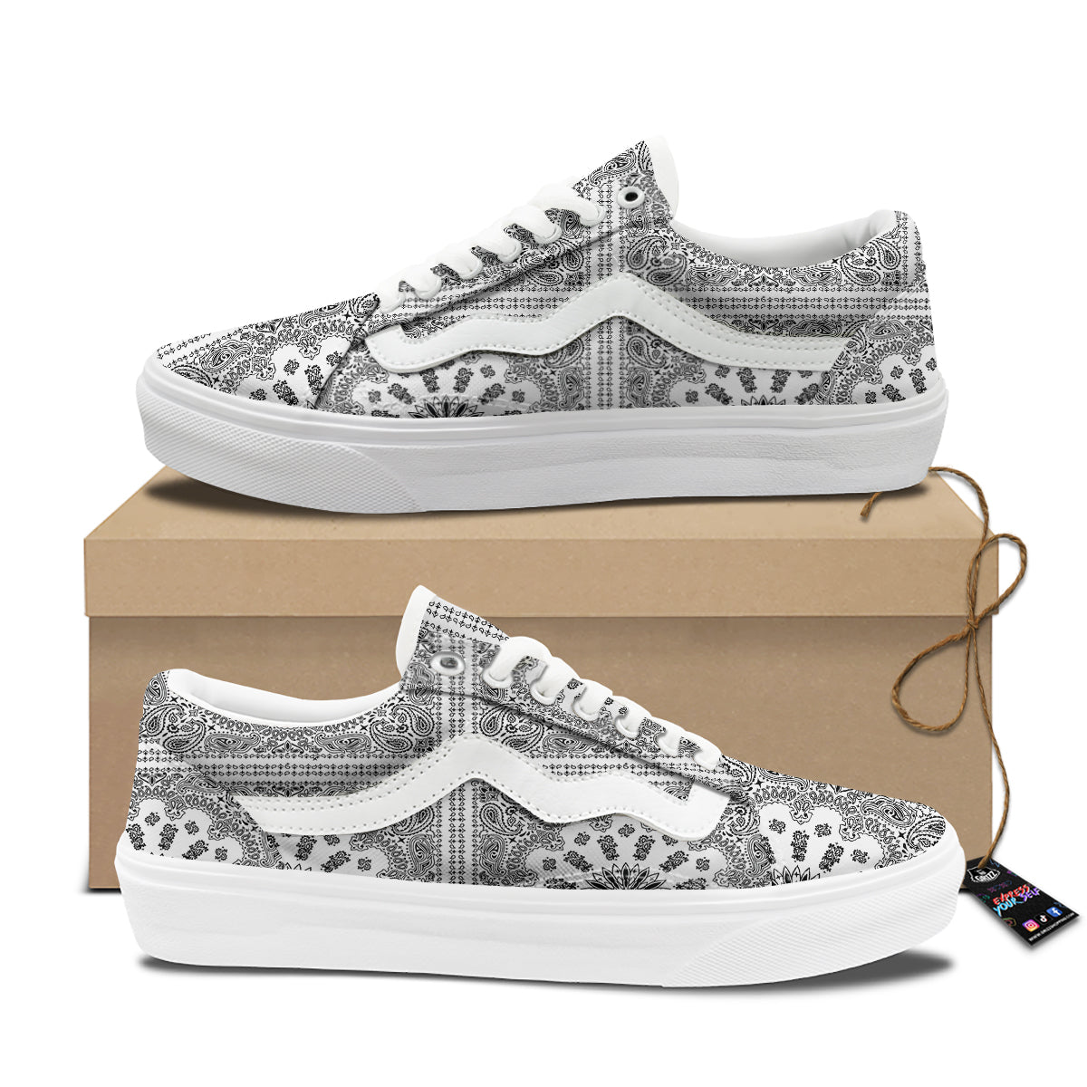 Bandana White And Black Paisley Print Pattern Skate Shoes-grizzshop