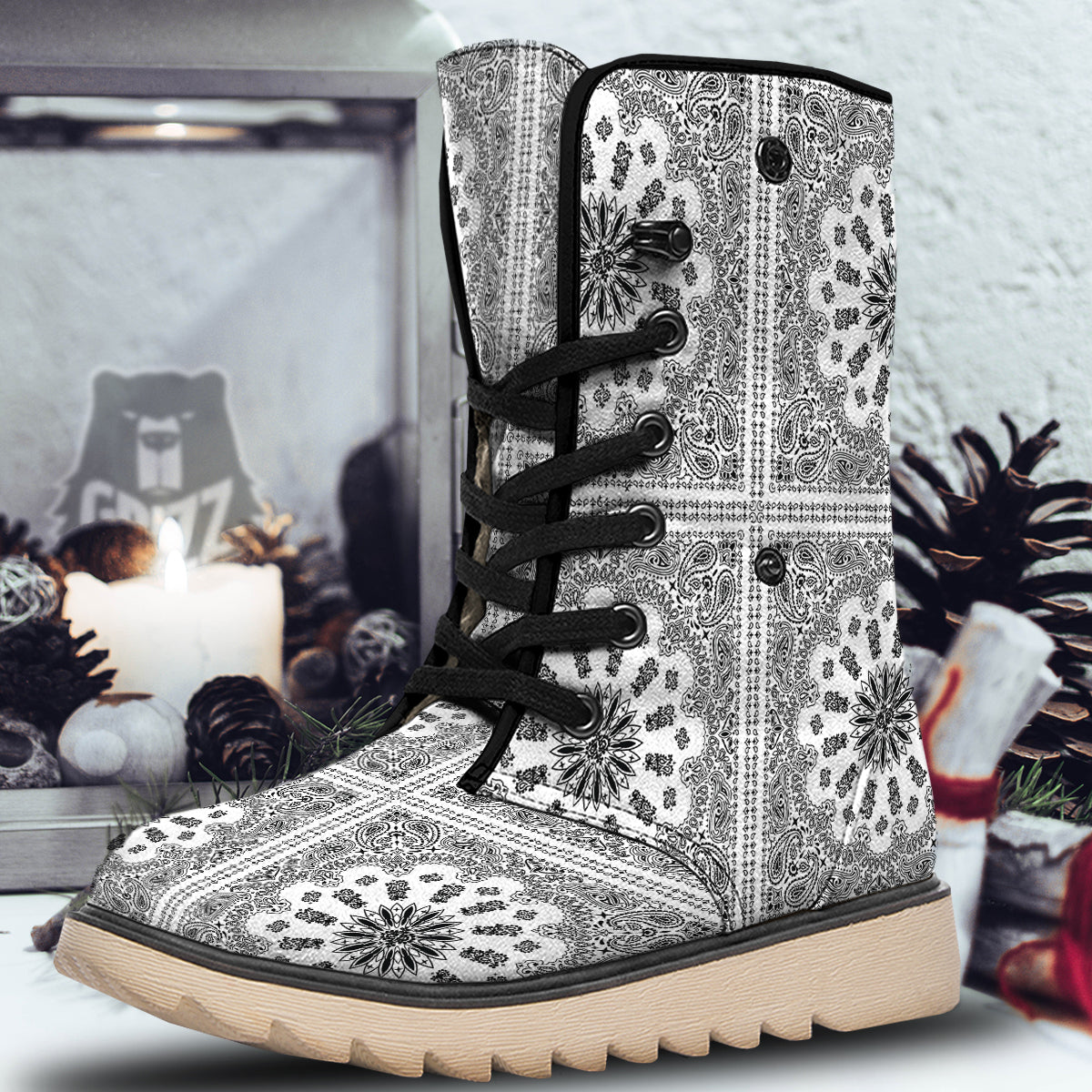Bandana White And Black Paisley Print Pattern Snow Boots-grizzshop