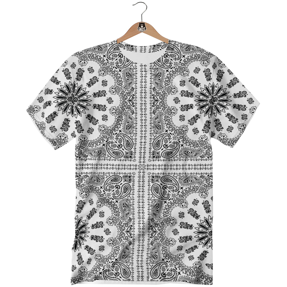 Bandana White And Black Paisley Print Pattern T-Shirt-grizzshop