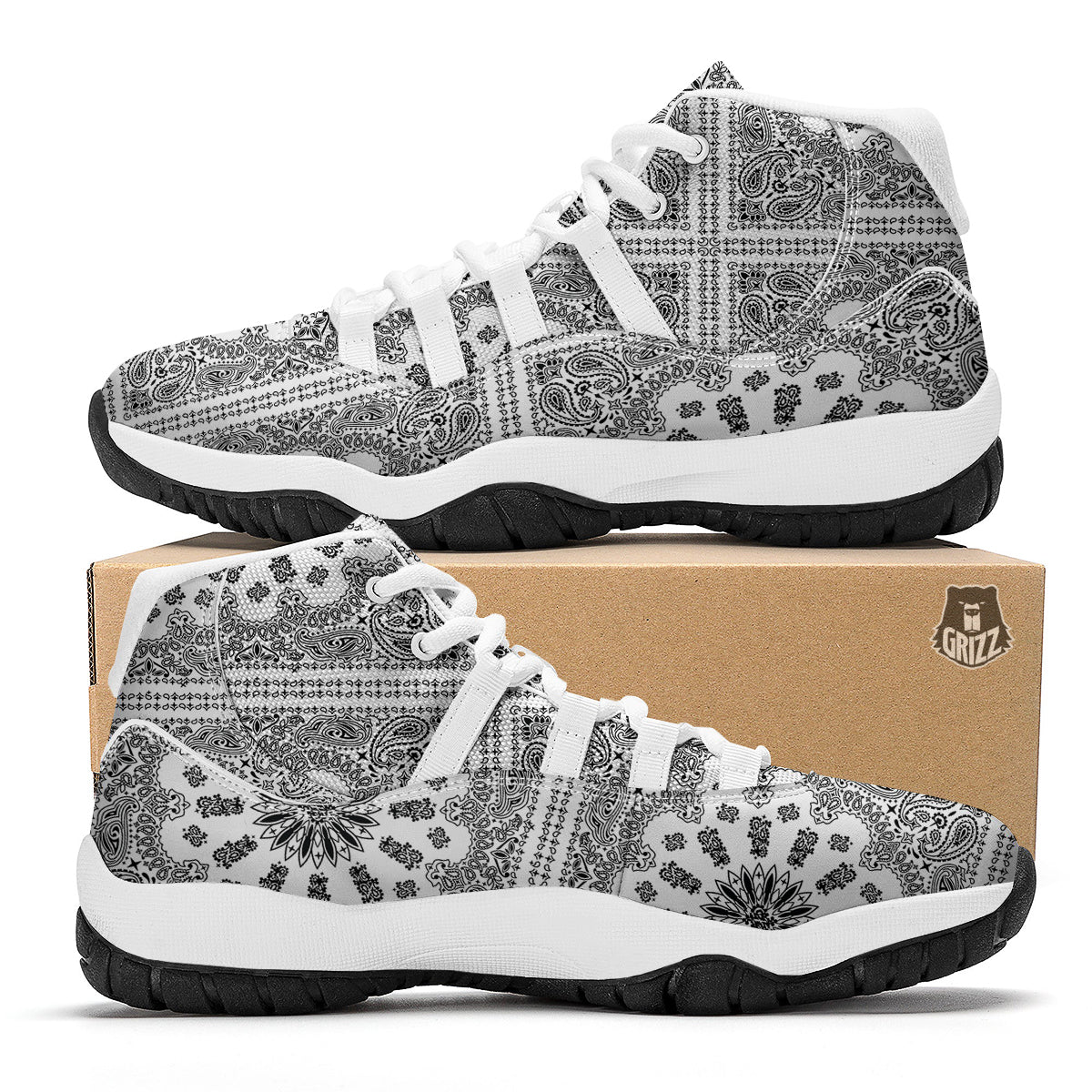 Bandana White And Black Paisley Print Pattern White Bball Shoes-grizzshop