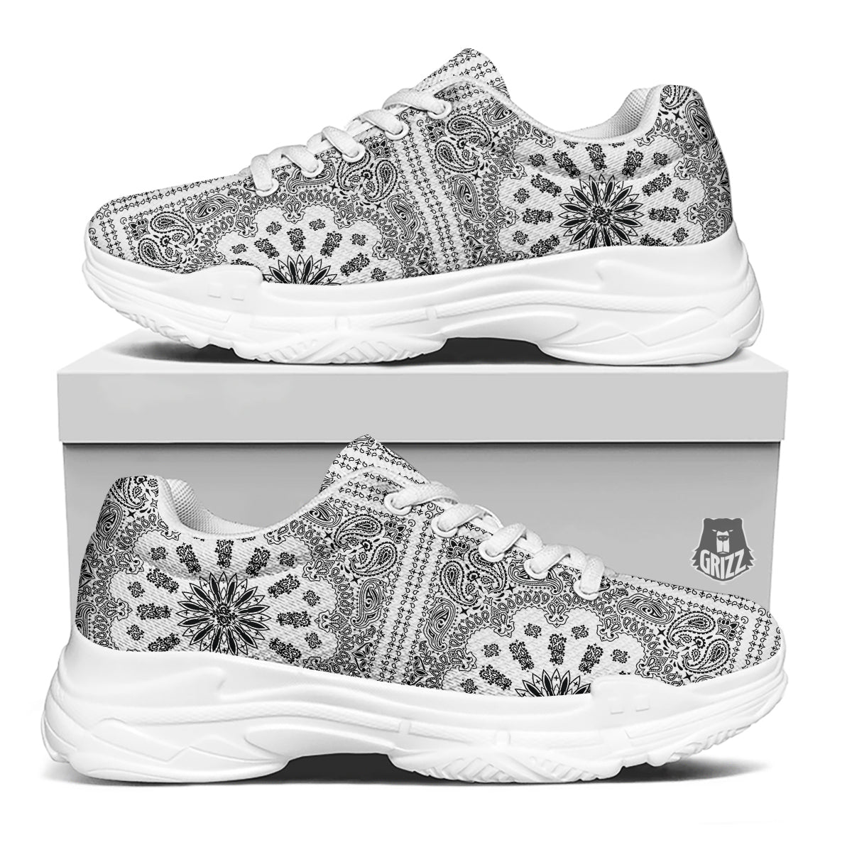 Bandana White And Black Paisley Print Pattern White Chunky Shoes-grizzshop