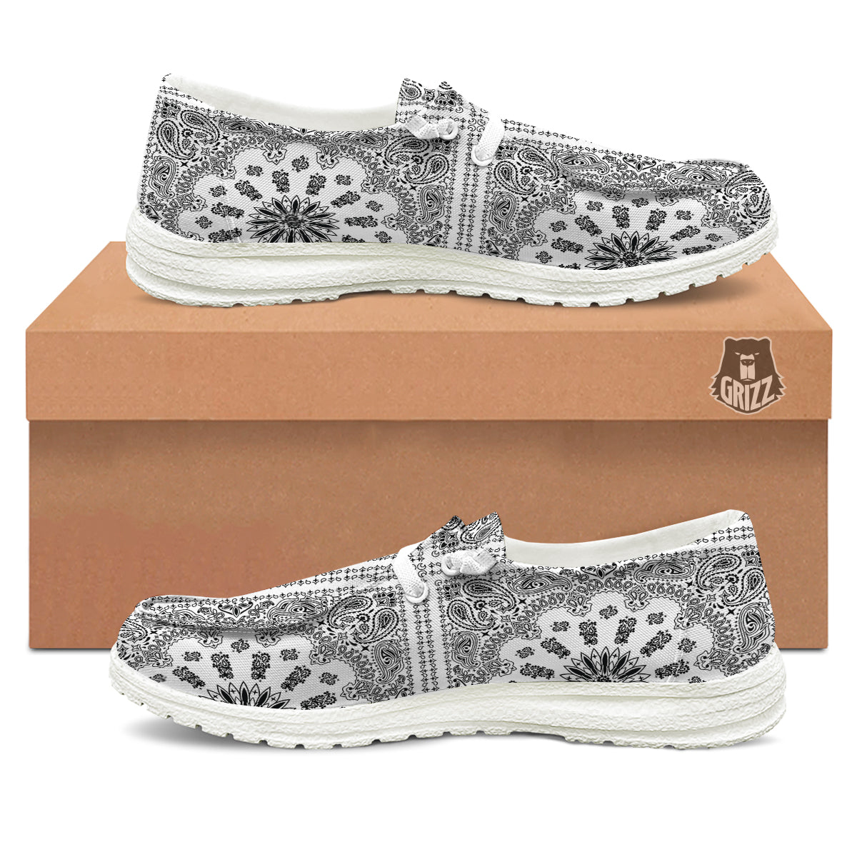 Bandana White And Black Paisley Print Pattern White Loafers-grizzshop
