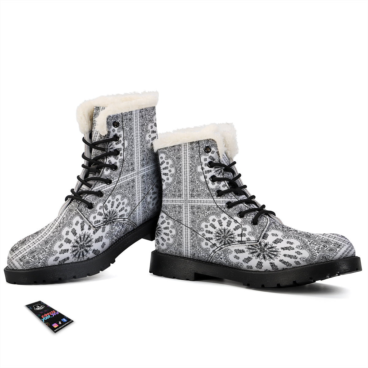 Bandana White And Black Paisley Print Pattern Winter Boots-grizzshop