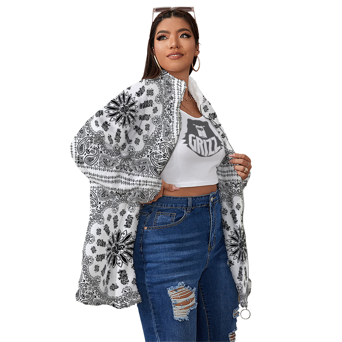 Bandana White And Black Paisley Print Pattern Women's Sherpa Jacket-grizzshop