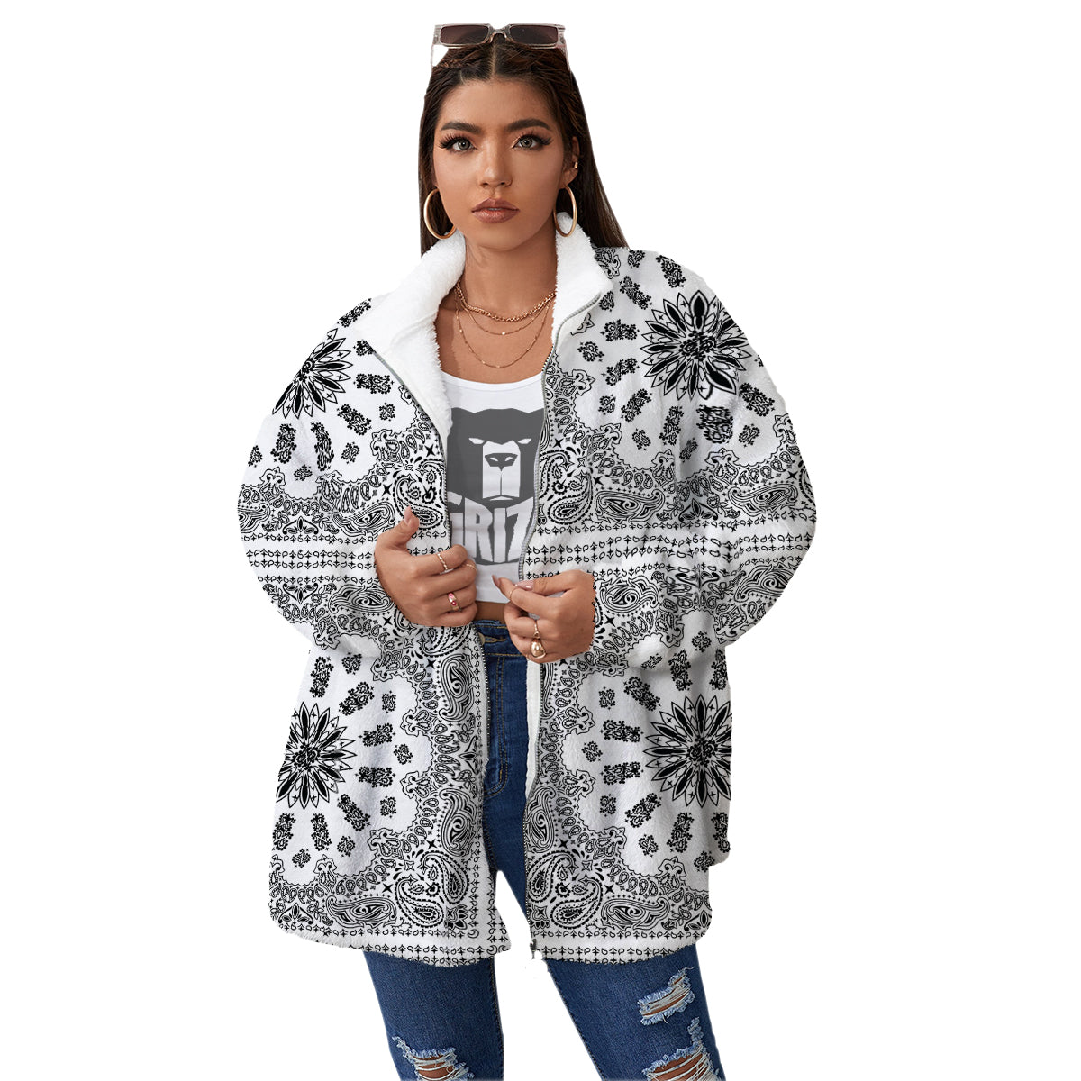 Bandana White And Black Paisley Print Pattern Women's Sherpa Jacket-grizzshop