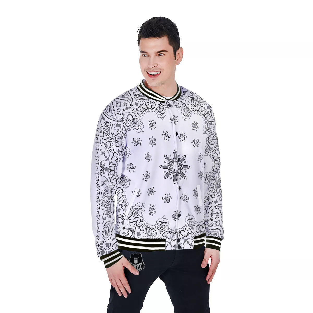 Bandana White And Black Print Baseball Jacket-grizzshop