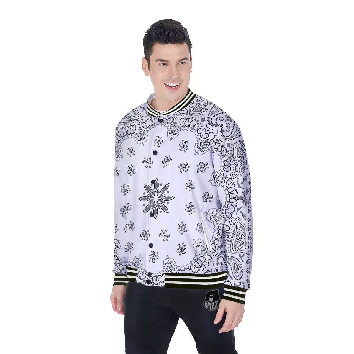 Bandana White And Black Print Baseball Jacket-grizzshop