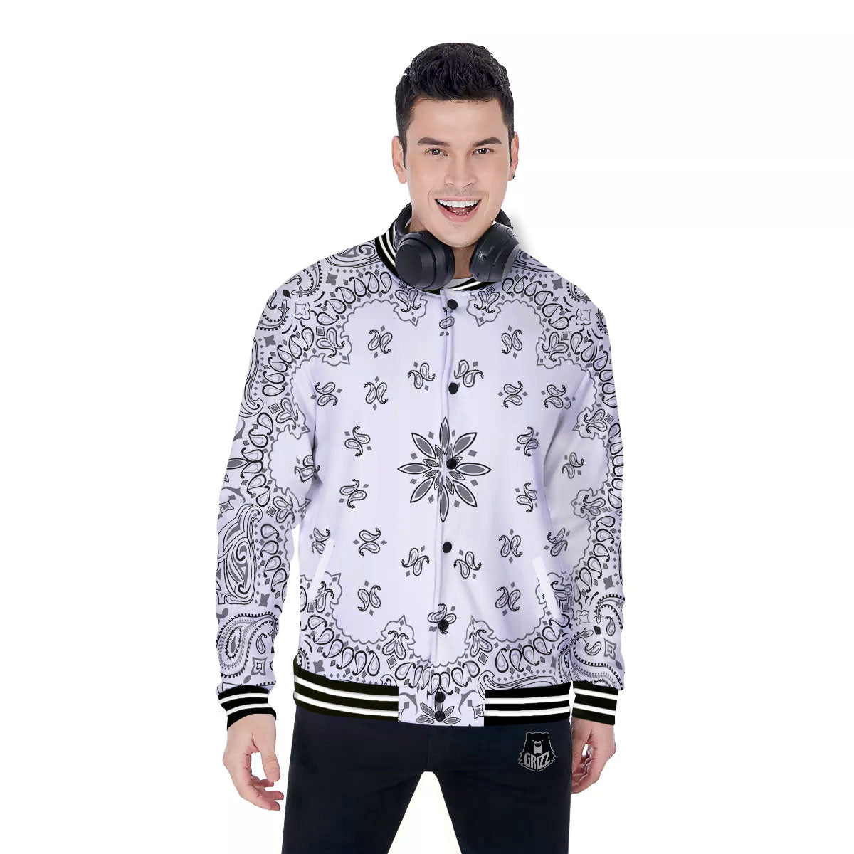 Bandana White And Black Print Baseball Jacket-grizzshop