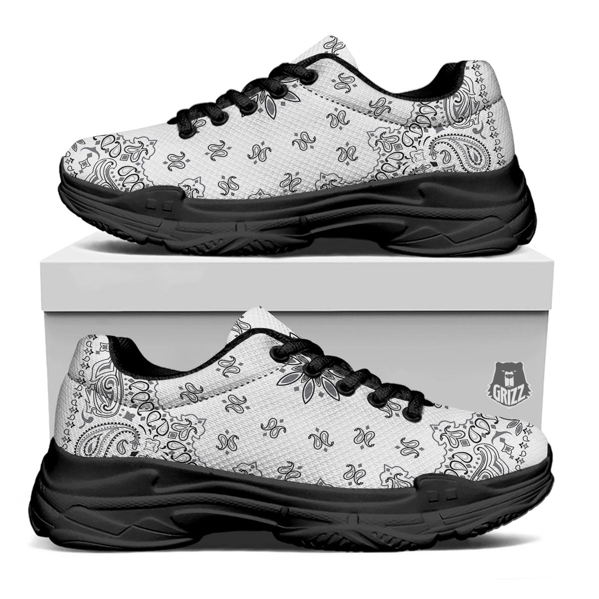 Bandana White And Black Print Black Chunky Shoes-grizzshop