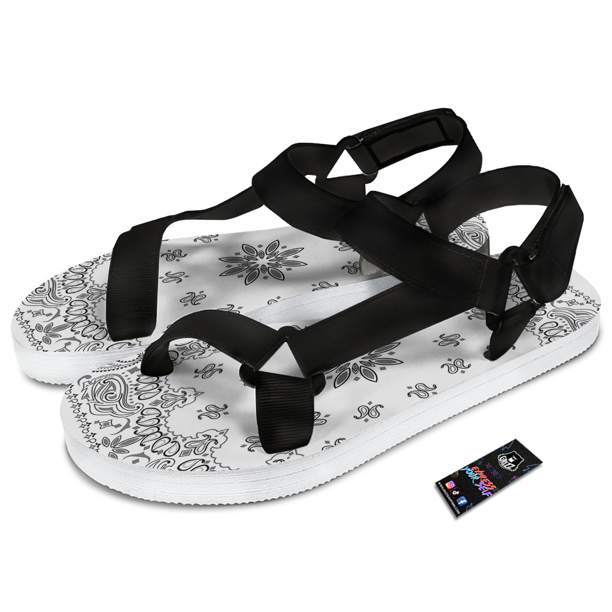 Bandana White And Black Print Black Open Toe Sandals-grizzshop