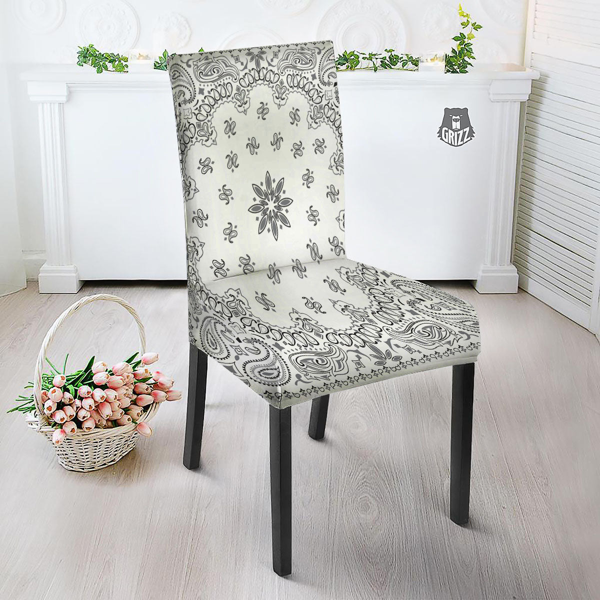 Bandana White And Black Print Dining Chair Slipcover-grizzshop