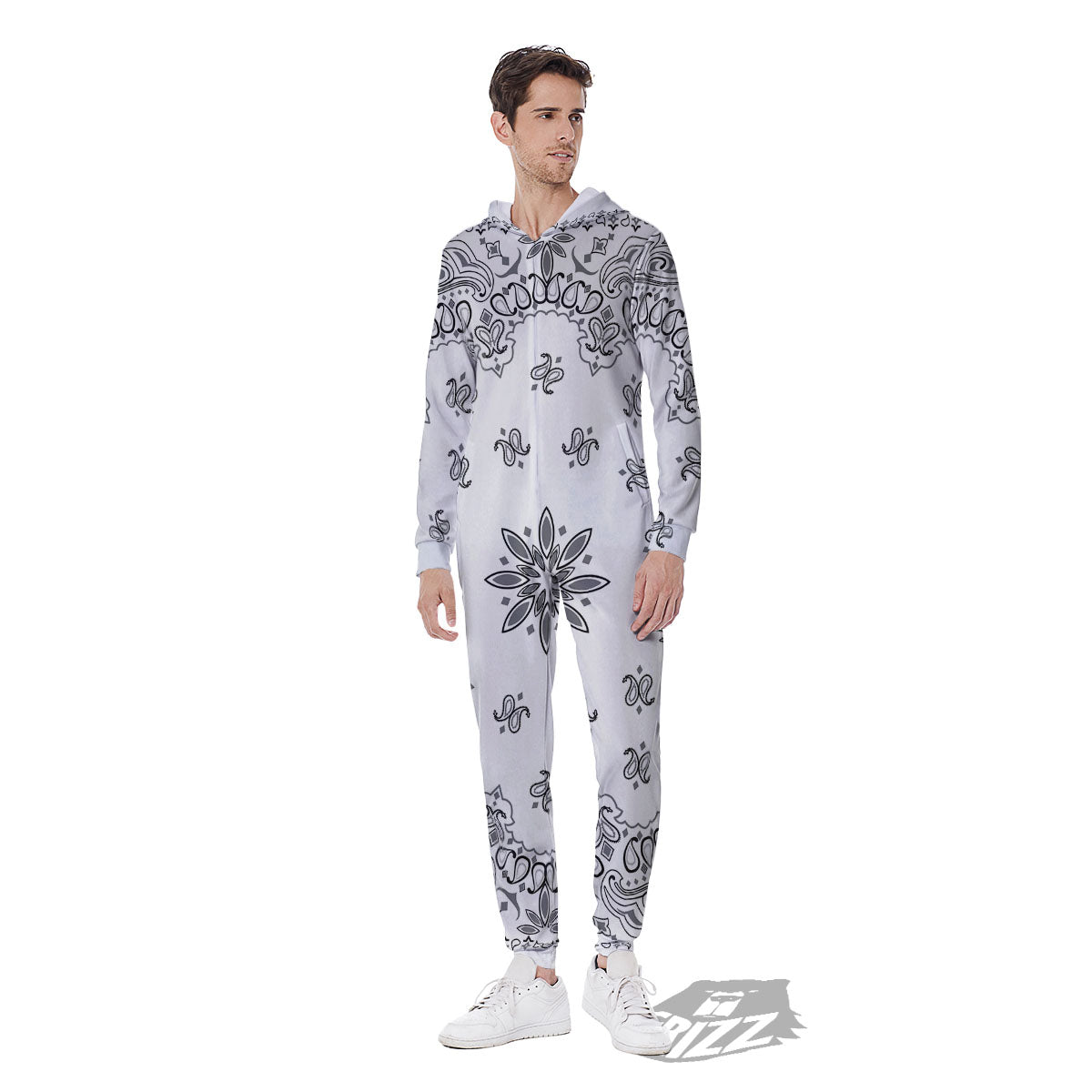 Bandana White And Black Print Men's Jumpsuit-grizzshop