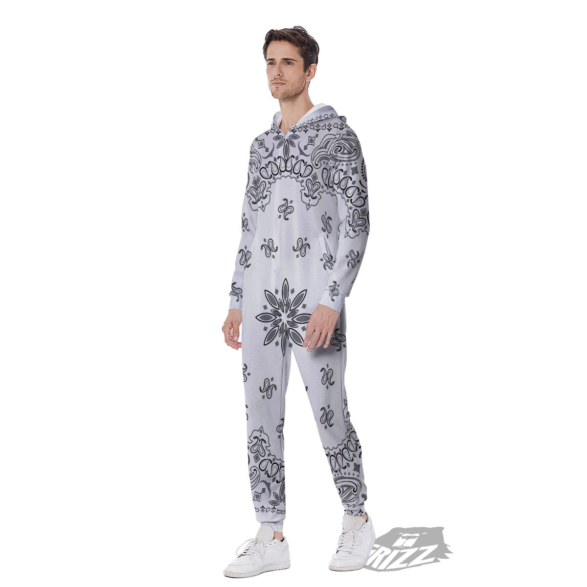 Bandana White And Black Print Men's Jumpsuit-grizzshop