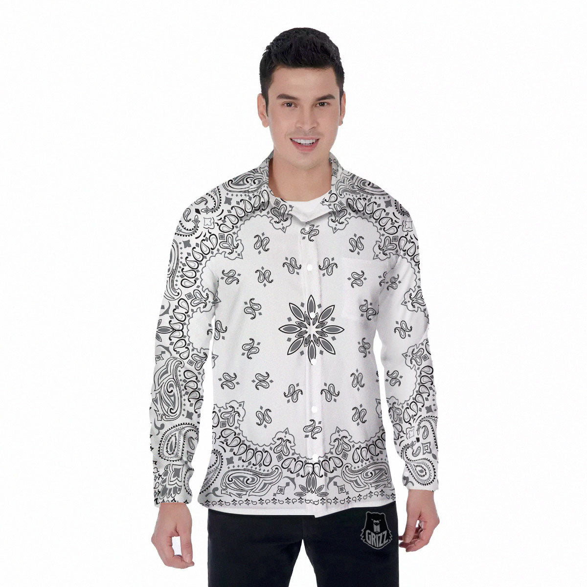 Bandana White And Black Print Men's Long Sleeve Shirts-grizzshop