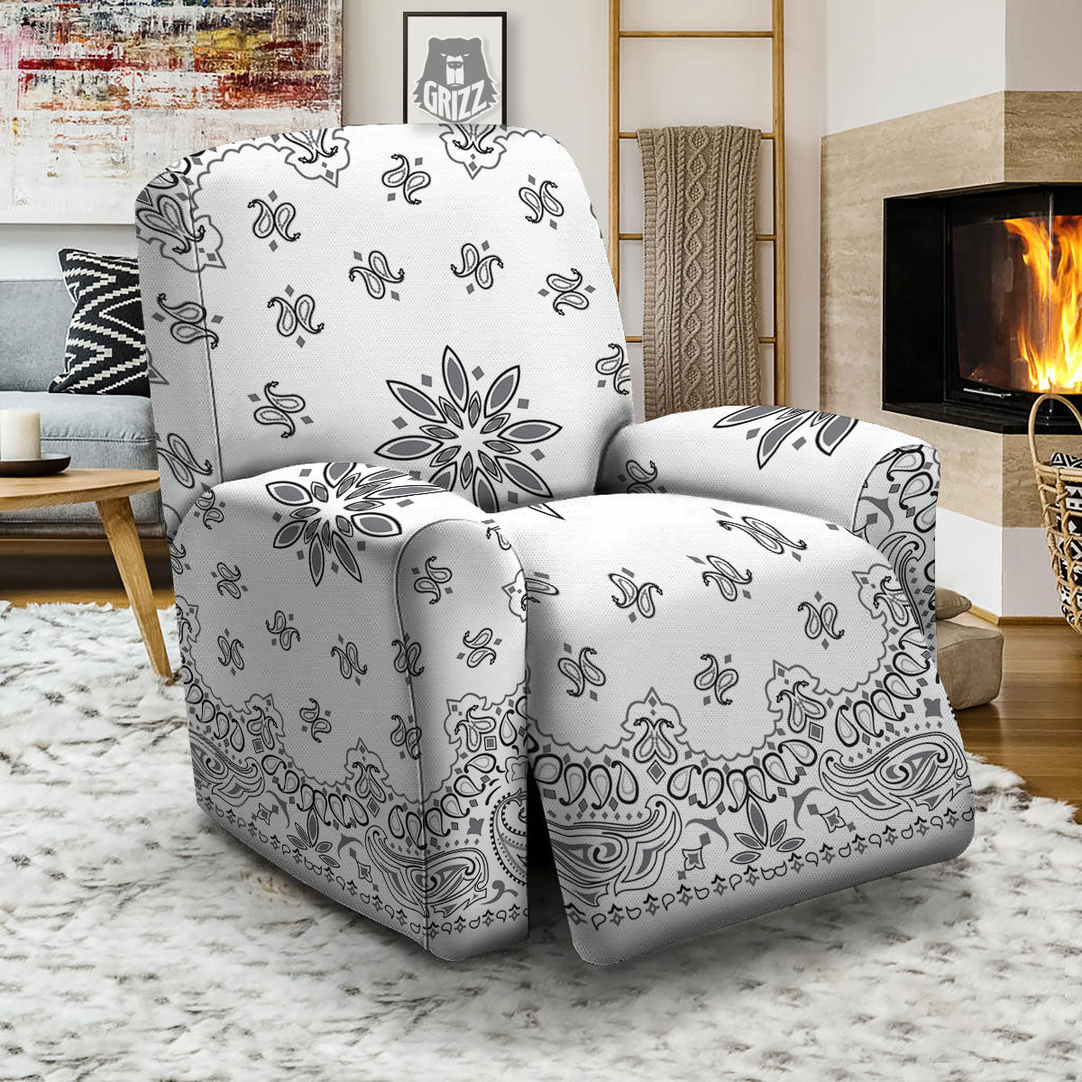 Bandana White And Black Print Recliner Slipcover-grizzshop