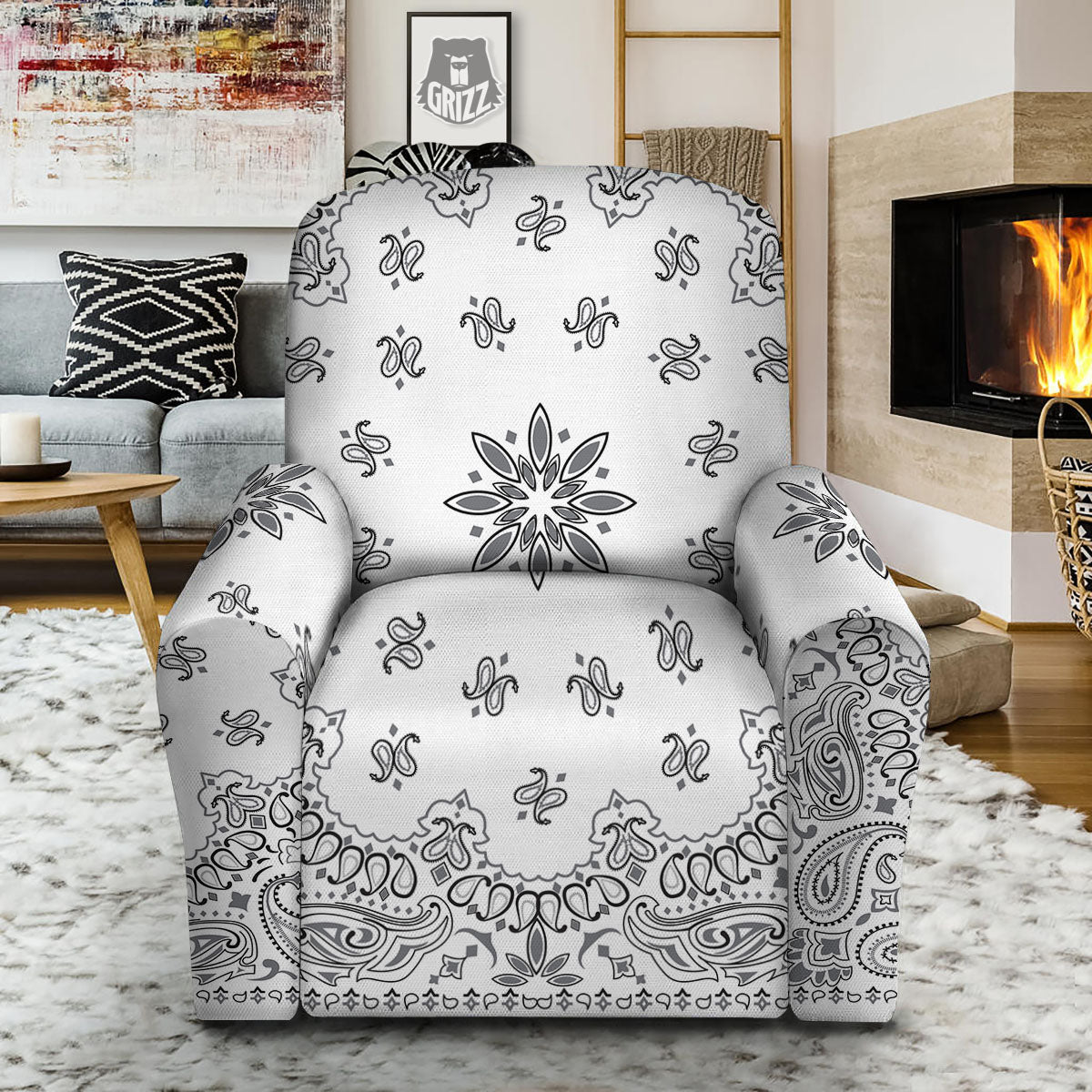 Bandana White And Black Print Recliner Slipcover-grizzshop