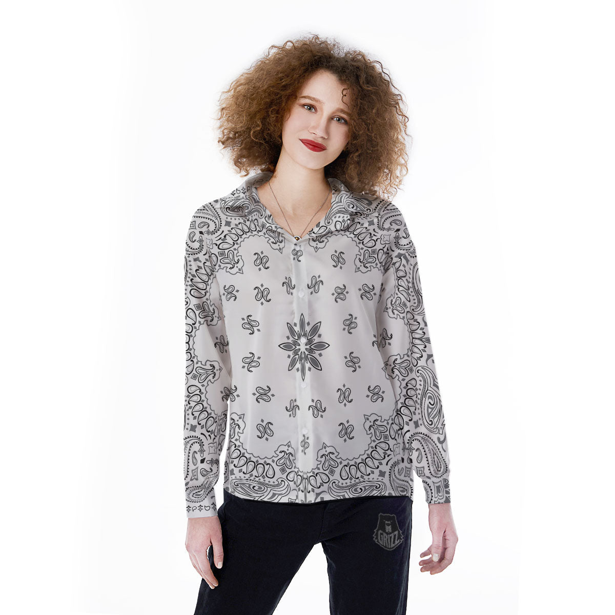 Bandana White And Black Print Women's Long Sleeve Shirts-grizzshop