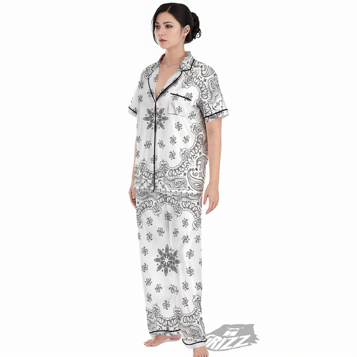 Bandana White And Black Print Women's Pajamas Set-grizzshop