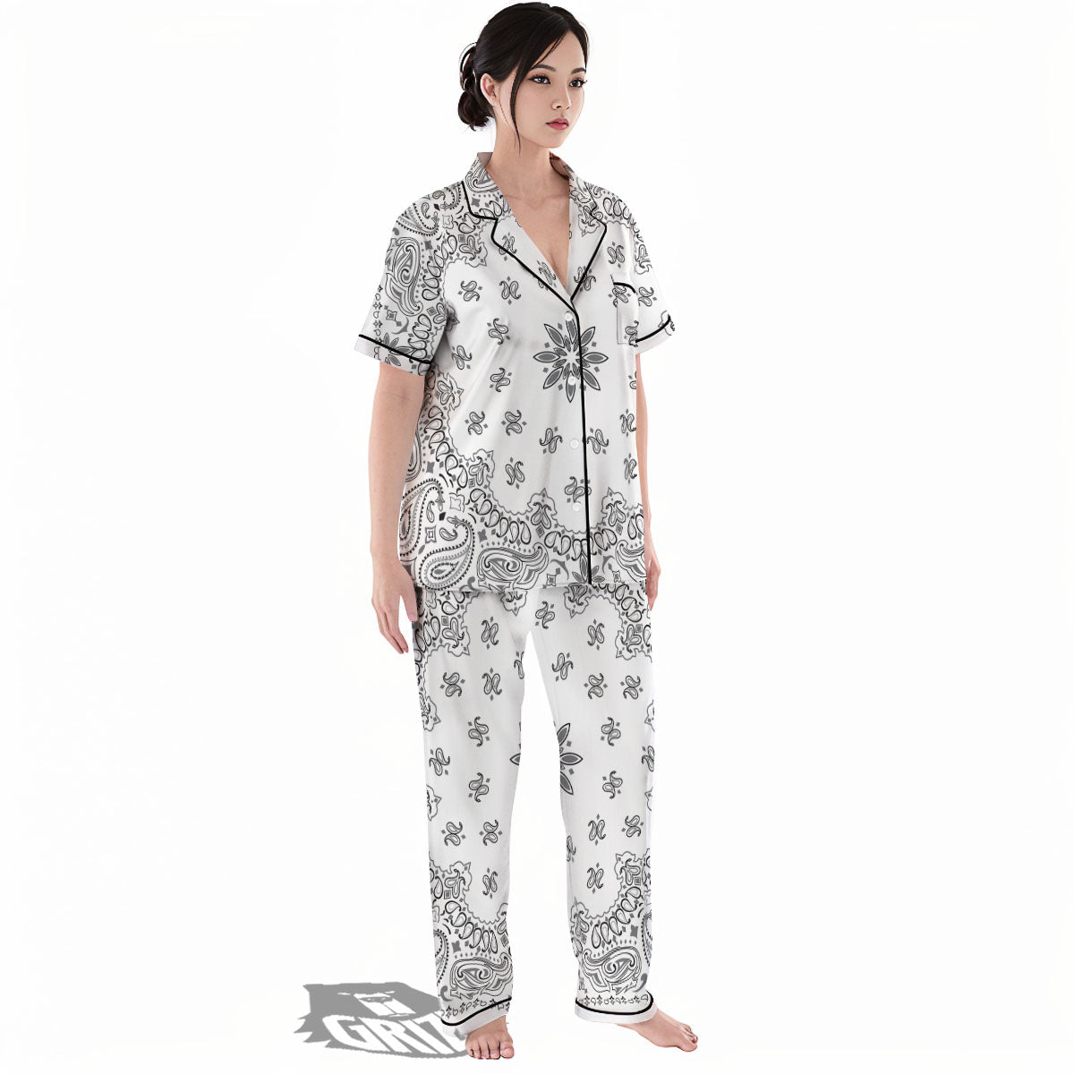 Bandana White And Black Print Women's Pajamas Set-grizzshop