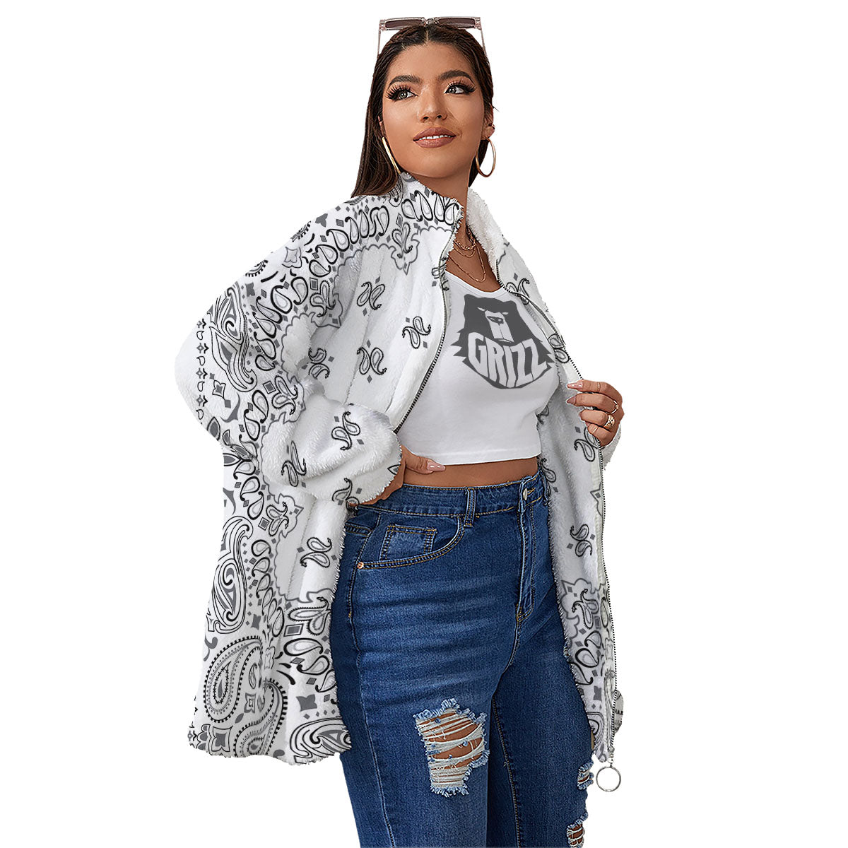 Bandana White And Black Print Women's Sherpa Jacket-grizzshop