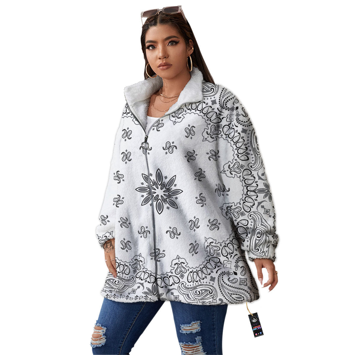 Bandana White And Black Print Women's Sherpa Jacket-grizzshop