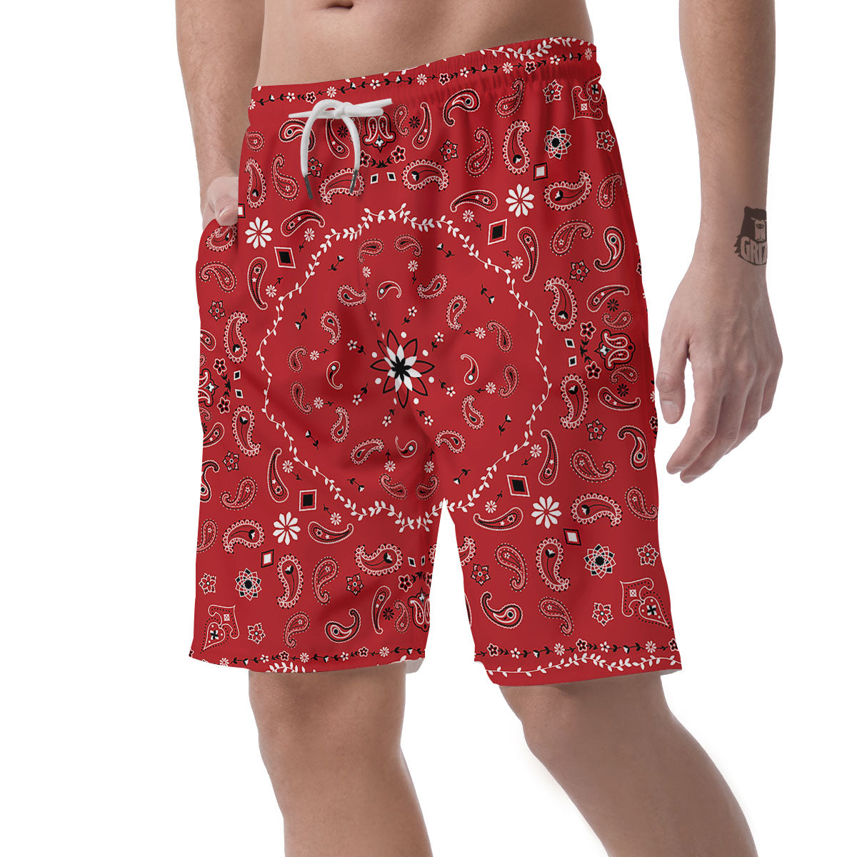 Bandana White And Red Print Men's Shorts-grizzshop