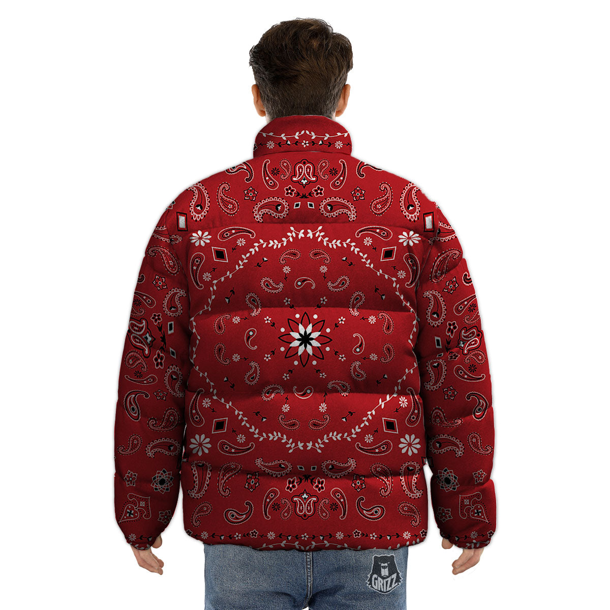 Bandana White And Red Print Puffer Jacket-grizzshop
