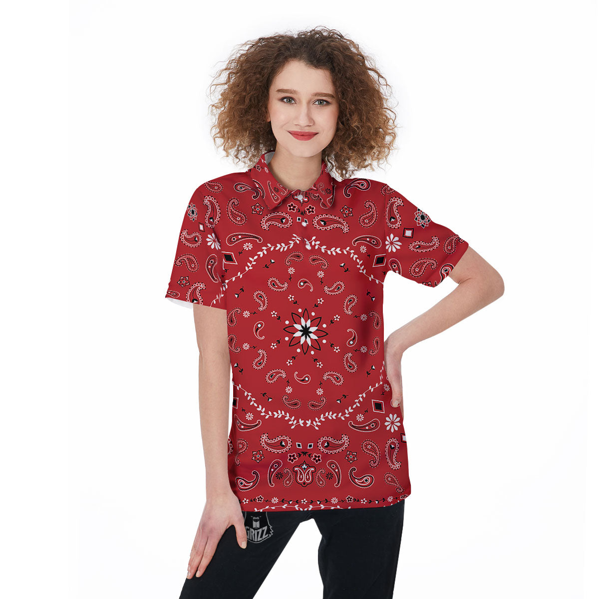 Bandana White And Red Print Women's Golf Shirts-grizzshop