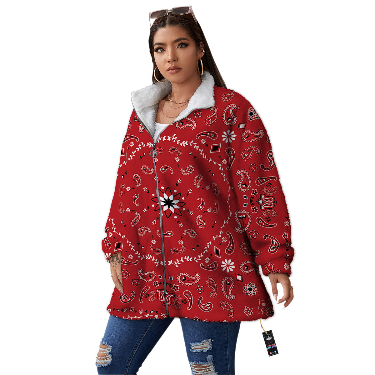 Bandana White And Red Print Women's Sherpa Jacket-grizzshop