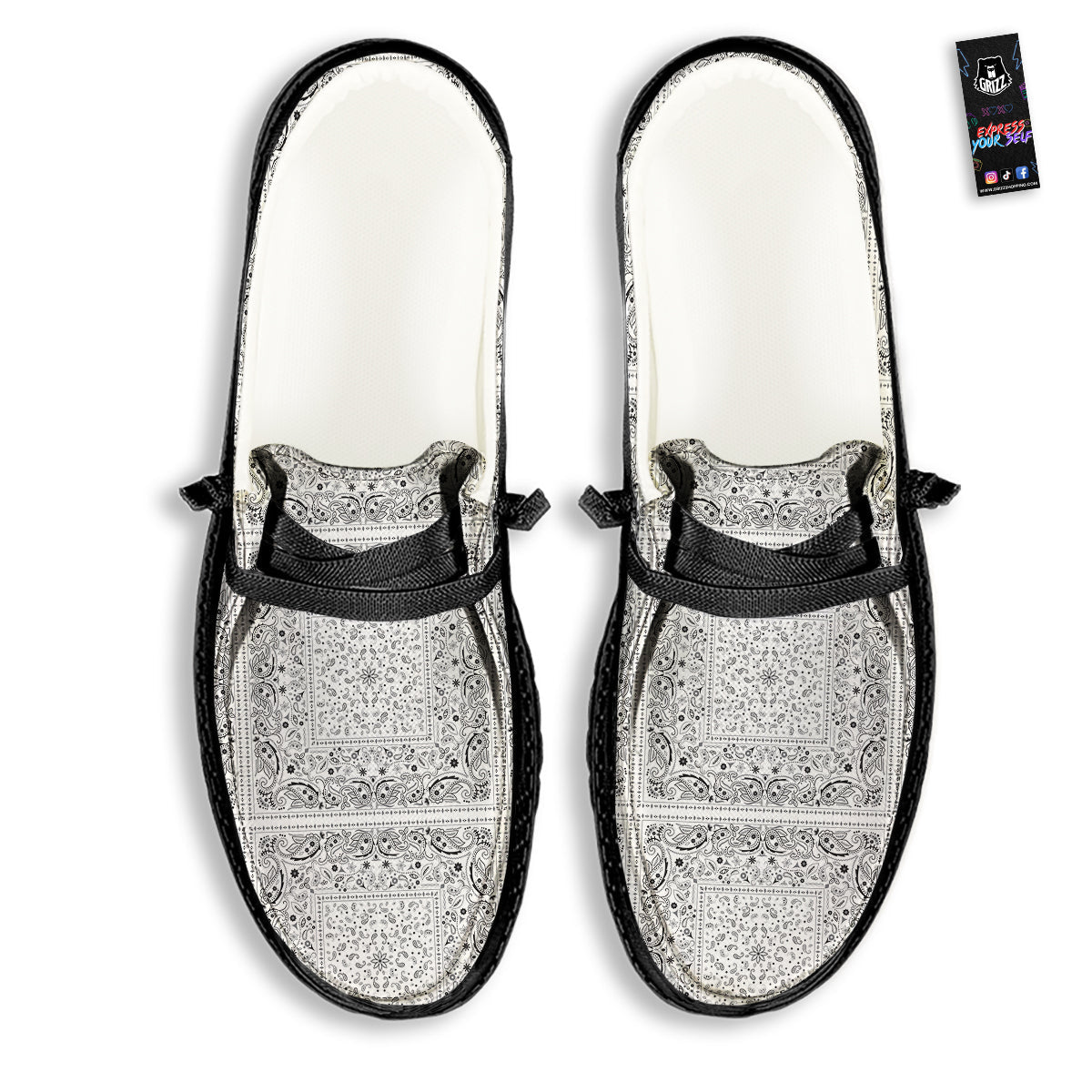 Bandana White Paisley Print Pattern Black Loafers-grizzshop