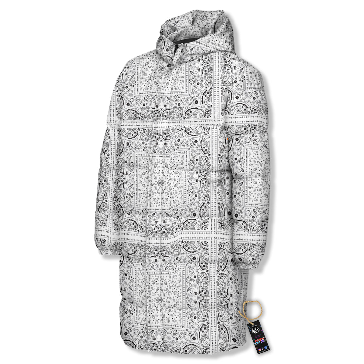 Bandana White Paisley Print Pattern Long Down Jacket-grizzshop