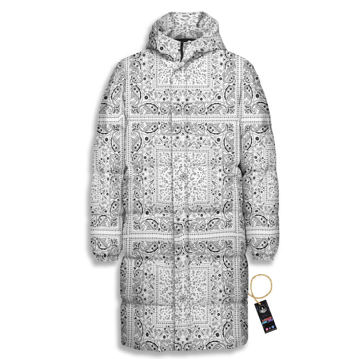 Bandana White Paisley Print Pattern Long Down Jacket-grizzshop