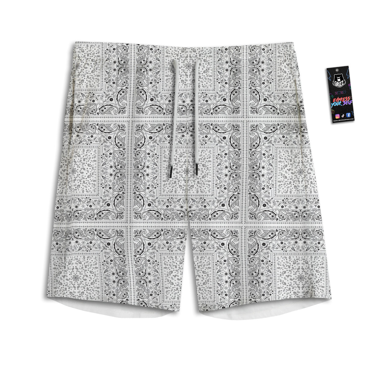 Bandana White Paisley Print Pattern Men's Athletic Shorts