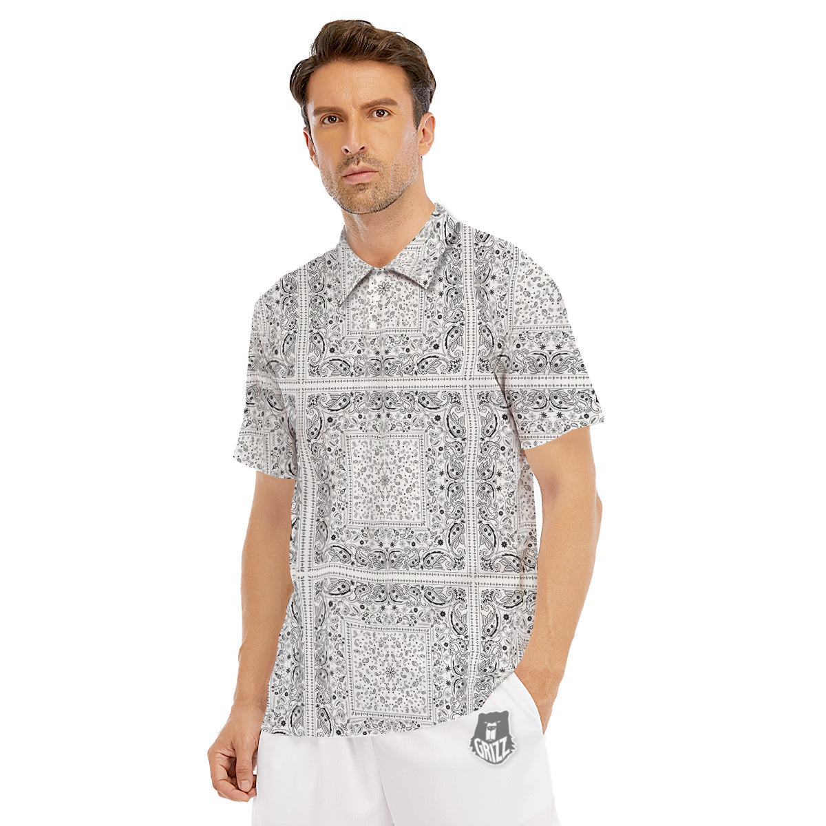 Bandana White Paisley Print Pattern Men's Golf Shirts-grizzshop